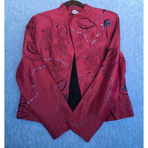 Bleu Bayou Long Sleeve Open Front 100% Silk Beaded Red Jacket Woman' SZ Medium - Picture 14 of 16
